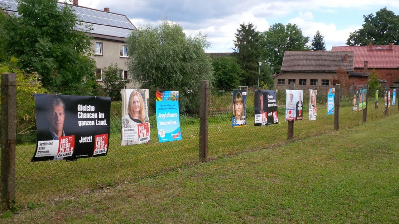 Wahlplakate verschiedener Parteien hängen in Mecklenburg-Vorpommern nebeneinander an einem Zaun. Wahlplakate verschiedener Parteien hängen in Mecklenburg-Vorpommern nebeneinander an einem Zaun.