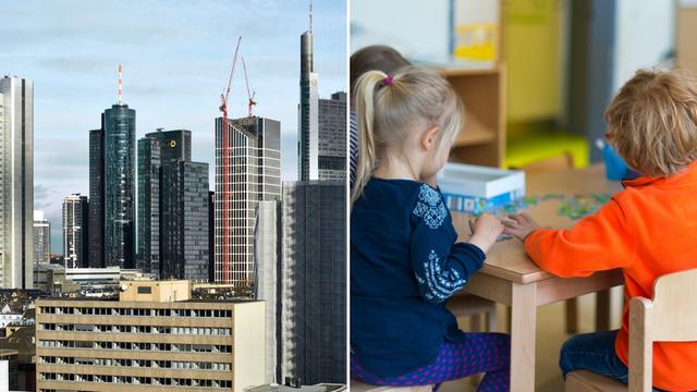 Eine Montage aus der Skyline in Frankfurt am Main und Kindern in einem Kindergarten.