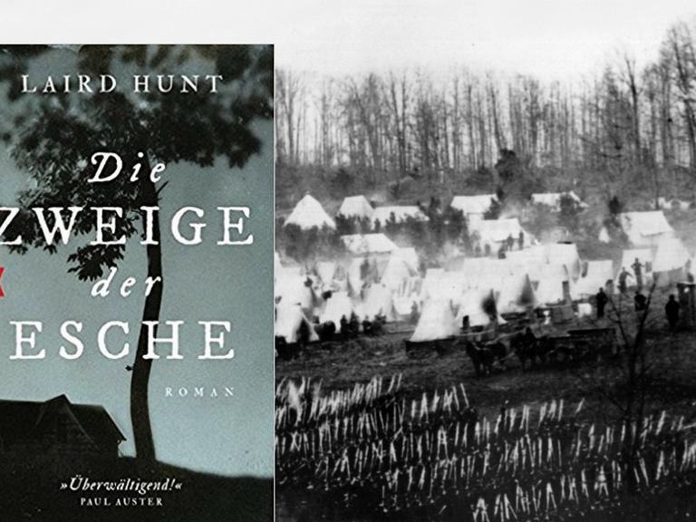 Cover des Buchs: Die Zweige der Esche von Laird Hunt vor dem Hintergrund eines Feldlagers im amerikanischen Bürgerkrieg