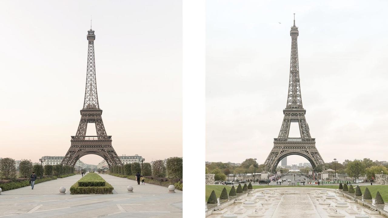Zwei Ansichten des Eifelturms: Links die Nachbildung im chinesischen Tianducheng, rechts das Original in Paris