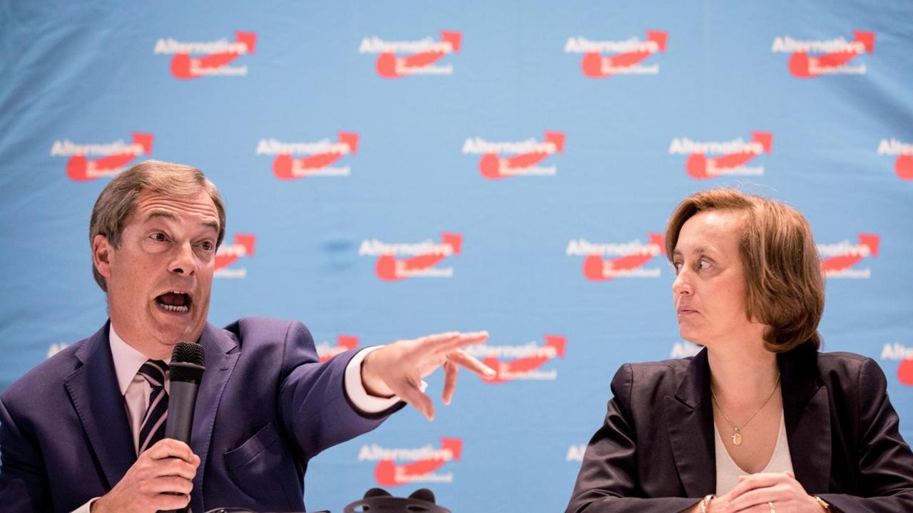Die Berliner AfD-Landesvorsitzende Beatrix von Storch und der Euroskeptiker Nigel Farage aus Großbritannien sprechen am 8. September 2017 in Berlin auf einer Pressekonferenz zu den Medienvertretern Die Berliner AfD-Landesvorsitzende Beatrix von Storch und der Euroskeptiker Nigel Farage aus Großbritannien sprechen am 8. September 2017 in Berlin auf einer Pressekonferenz zu den Medienvertretern