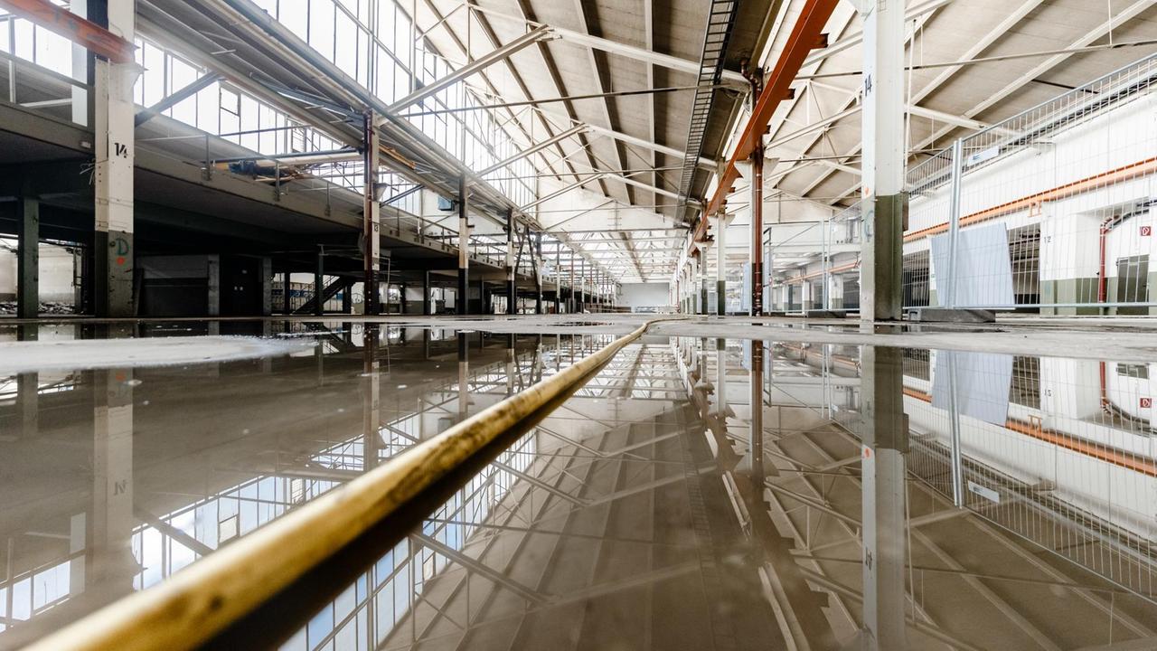 Blick in die leere und baufällige Maschinenhalle. Blick in die leere und baufällige Maschinenhalle.
