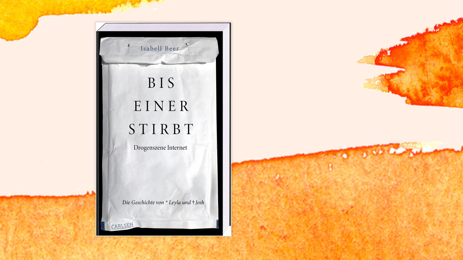 Cover des Buchs "Bis einer stirbt" vor orangefarbenem Aquarellhintergrund. Das Cover ist schlicht schwarz-weiß gehalten und erinnert mit einem schwarzen Rand optisch an eine Todesanzeige.