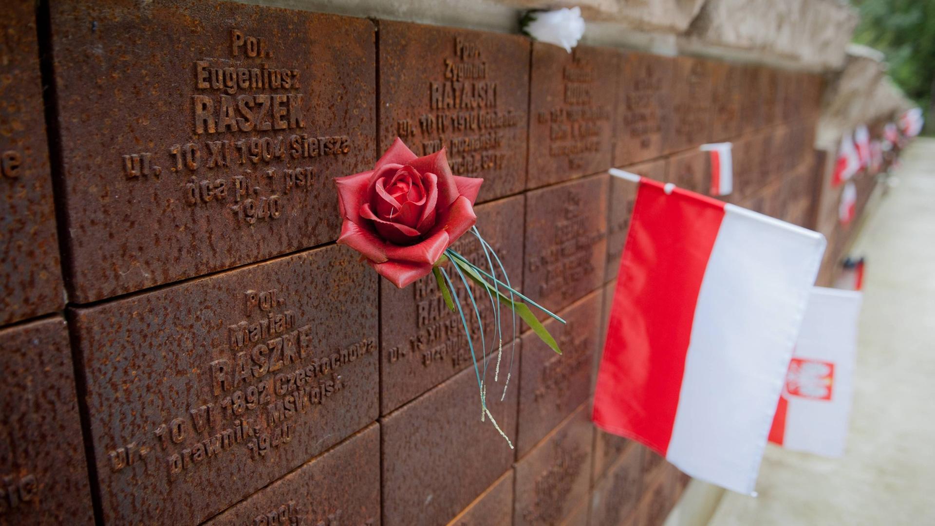 Gedenkstätte für die Opfer des Massenmords von Katyn. Eine polnische Flagge und eine rote Rose stecken an einer Mauer mit eingravierten Namen. Gedenkstätte für die Opfer des Massenmords von Katyn. Eine polnische Flagge und eine rote Rose stecken an einer Mauer mit eingravierten Namen.