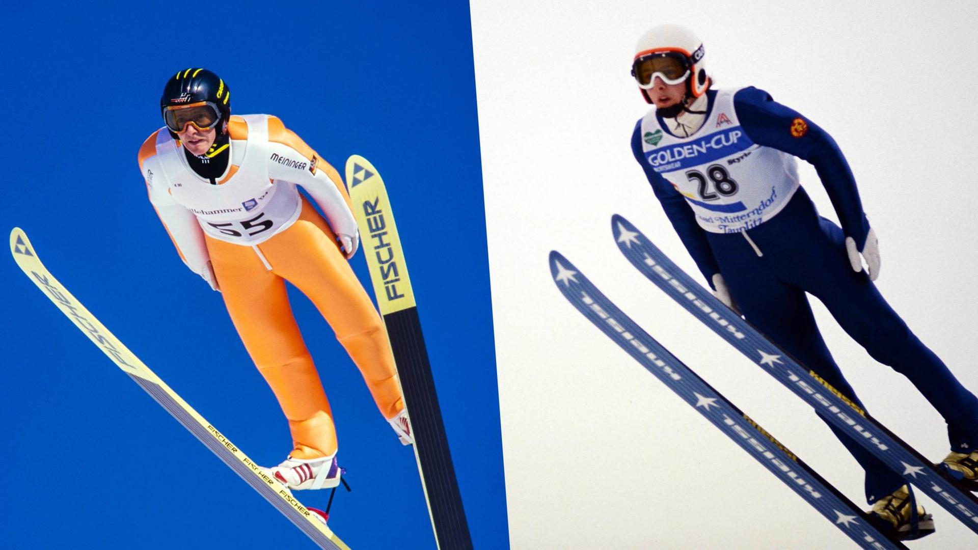 Bildcollage zweier Skisprung Techniken. Jens Weißflog links im V-Sprung und rechts im Parallelsprung. Bildcollage zweier Skisprung Techniken. Jens Weißflog links im V-Sprung und rechts im Parallelsprung.