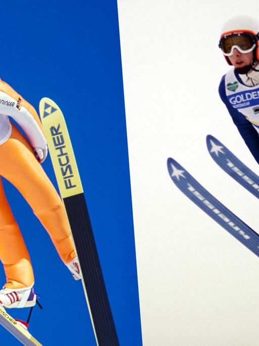 Bildcollage zweier Skisprung Techniken. Jens Weißflog links im V-Sprung und rechts im Parallelsprung.