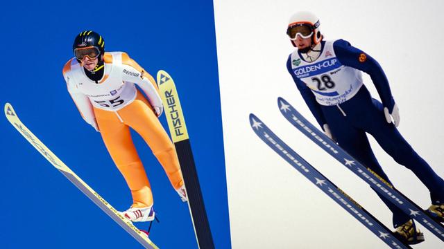 Bildcollage zweier Skisprung Techniken. Jens Weißflog links im V-Sprung und rechts im Parallelsprung.