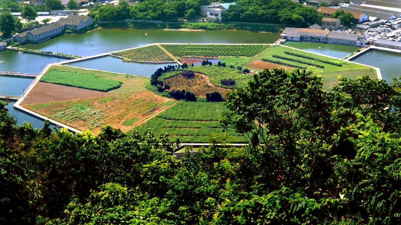 Eine achteckige Bagua-Kulturlandschaft mit dem Yin und Yang-Zeichen in der Mitte in Hangzhou in der Provinz Zhejiang, aufgenommen am 18.07.2002. Eine achteckige Bagua-Kulturlandschaft mit dem Yin und Yang-Zeichen in der Mitte in Hangzhou in der Provinz Zhejiang, aufgenommen am 18.07.2002.