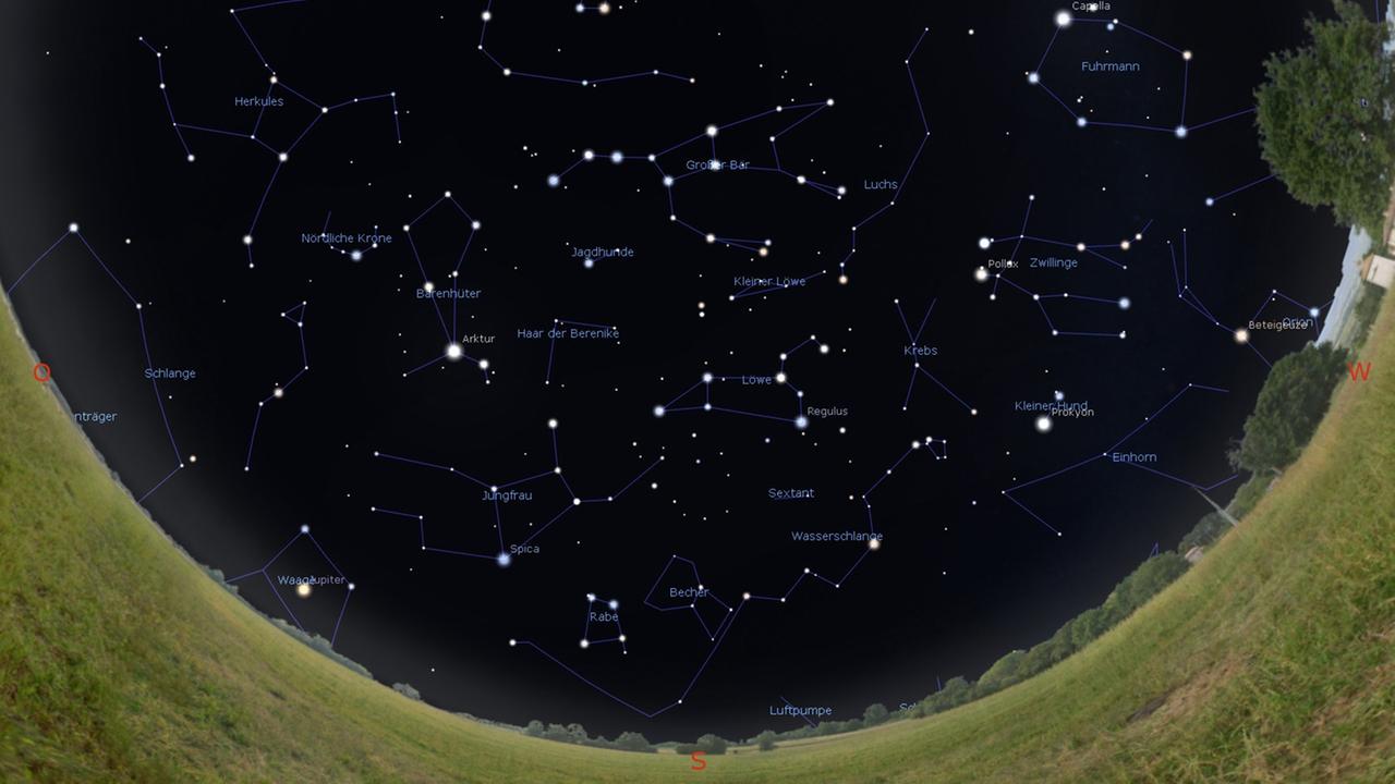 Anblick des Sternenhimmels zu Monatsbeginn gegen Mitternacht, zur Monatsmitte gegen 23 Uhr und am Monatsletzten um 22 Uhr Anblick des Sternenhimmels zu Monatsbeginn gegen Mitternacht, zur Monatsmitte gegen 23 Uhr und am Monatsletzten um 22 Uhr