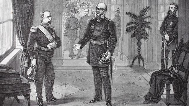 Gefangennahme Napoleons III. durch König Wilhelm im Schloss Bellevue in Sedan am 2. September 1870, Frankreich, deutsch-französische Kampagne von 1870.