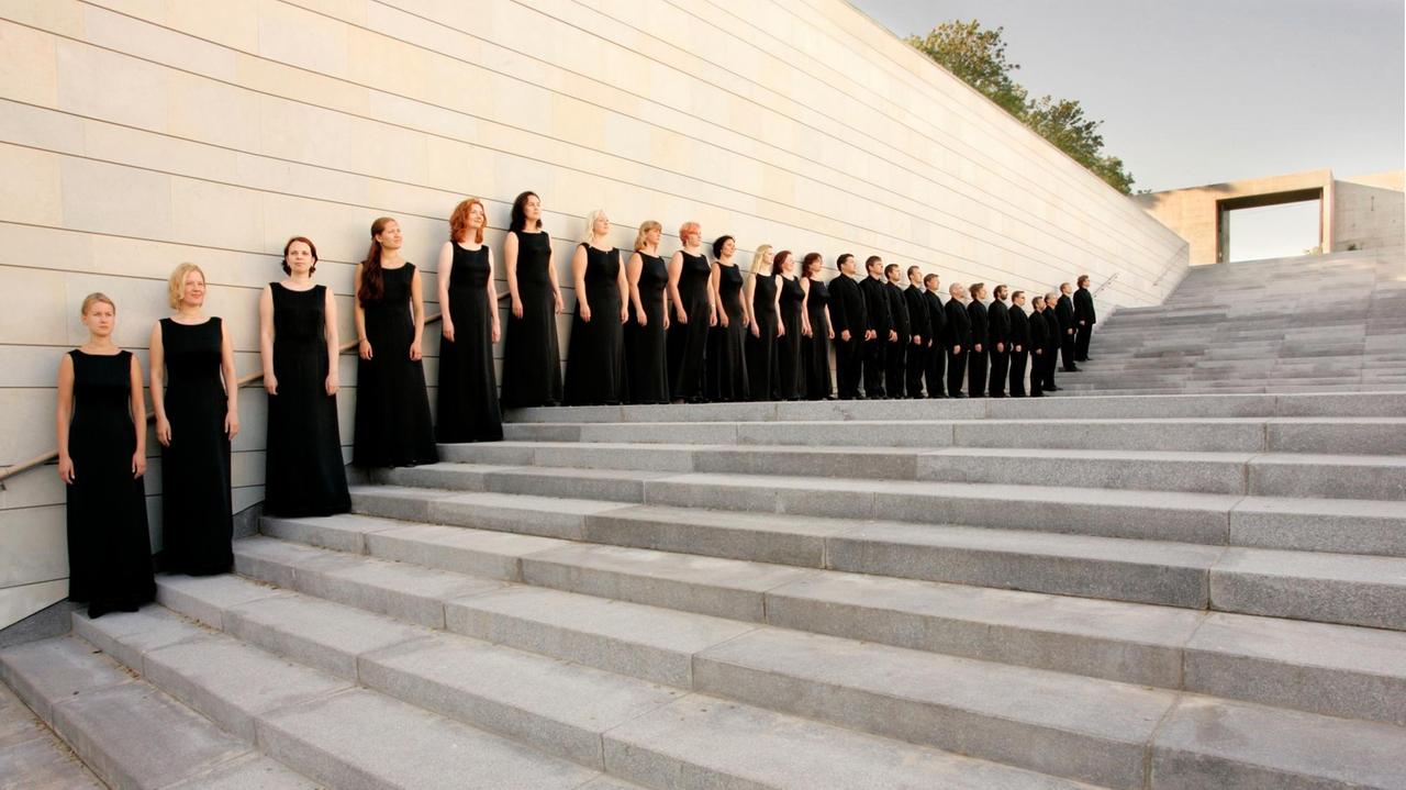 Der Estonian Philharmonic Chamber Choir in Konzertkleidung in einer Reihe aufgestellt auf einer Steintreppe 