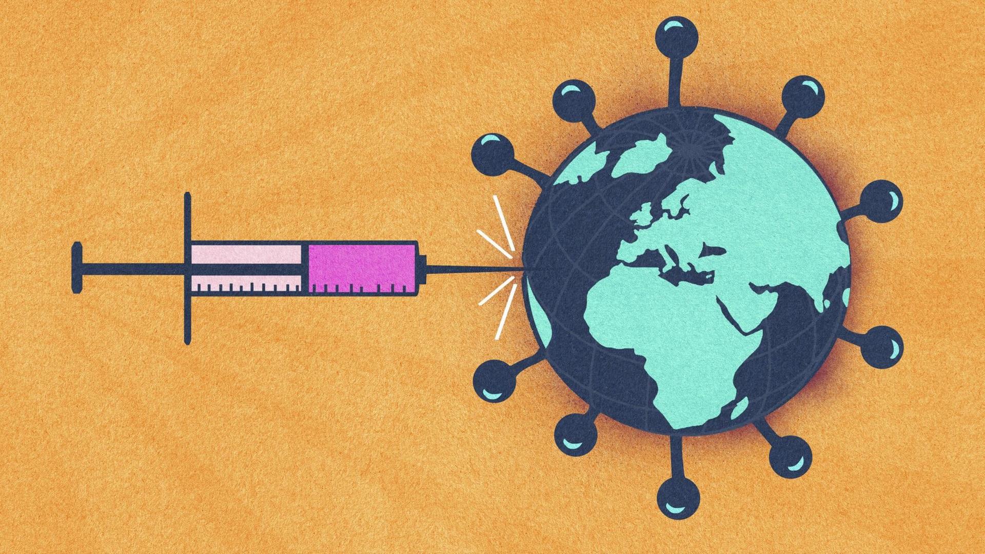 Illustration einer Spritze die die Welt in Form eines Coronavirus impft.