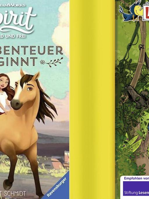 Cover von Almut Schmidts Kinderbuch "Spirit: Das Abenteuer beginnt" und Königbergs und Ernles Kinderbuch "Abenteuer im Dschungel".