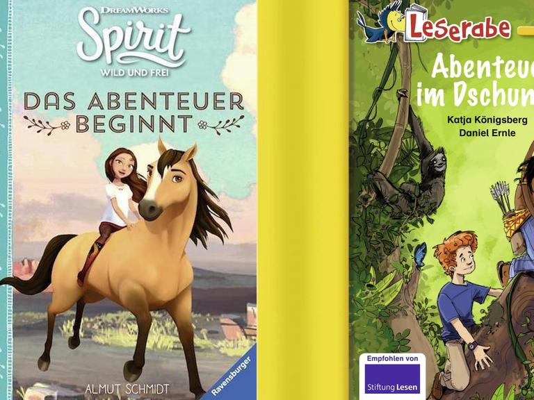 Cover von Almut Schmidts Kinderbuch "Spirit: Das Abenteuer beginnt" und Königbergs und Ernles Kinderbuch "Abenteuer im Dschungel".