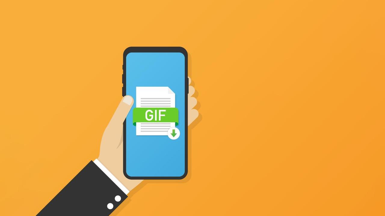 Illustration einer Hand mit Smartphone auf dem eine Gif-Datei abgebildet ist. Der Hintergrund ist Orange. Illustration einer Hand mit Smartphone auf dem eine Gif-Datei abgebildet ist. Der Hintergrund ist Orange.