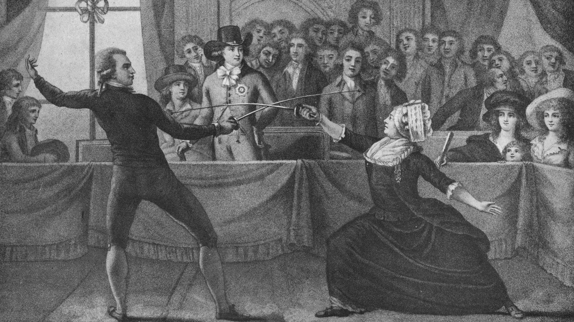 Das Bild "Fencing Match Between Mademoiselle La Chevaliere D'Eon De Beaumont and Monsieur De Saint George, 1787" nach Charles Jean Robineau. Aus der Zeitschrift "The Connoisseur Magazine", London, 1908. Das Bild "Fencing Match Between Mademoiselle La Chevaliere D'Eon De Beaumont and Monsieur De Saint George, 1787" nach Charles Jean Robineau. Aus der Zeitschrift "The Connoisseur Magazine", London, 1908.
