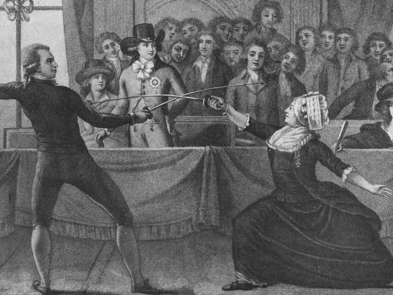 Das Bild "Fencing Match Between Mademoiselle La Chevaliere D'Eon De Beaumont and Monsieur De Saint George, 1787" nach Charles Jean Robineau. Aus der Zeitschrift "The Connoisseur Magazine", London, 1908.