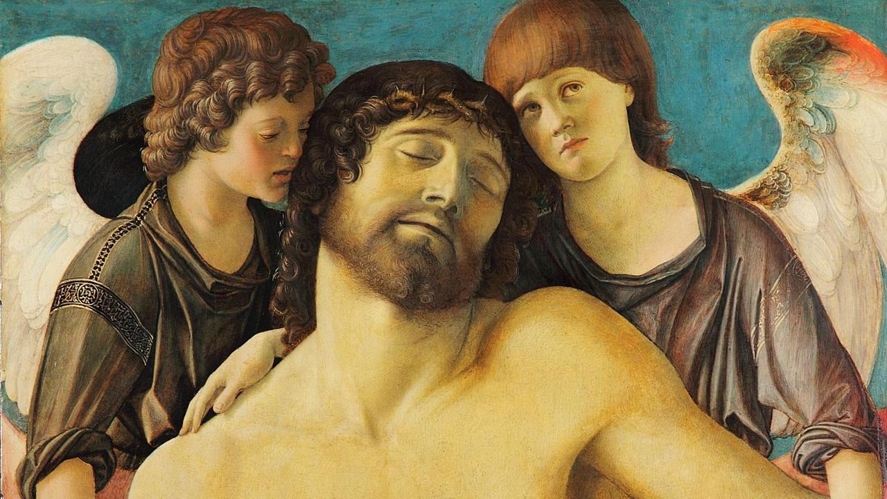 Jesus Christus mit nacktem Oberkörper mit zwei Engeln, die hinter seinen Schultern stehen. Jesus Christus mit nacktem Oberkörper mit zwei Engeln, die hinter seinen Schultern stehen.