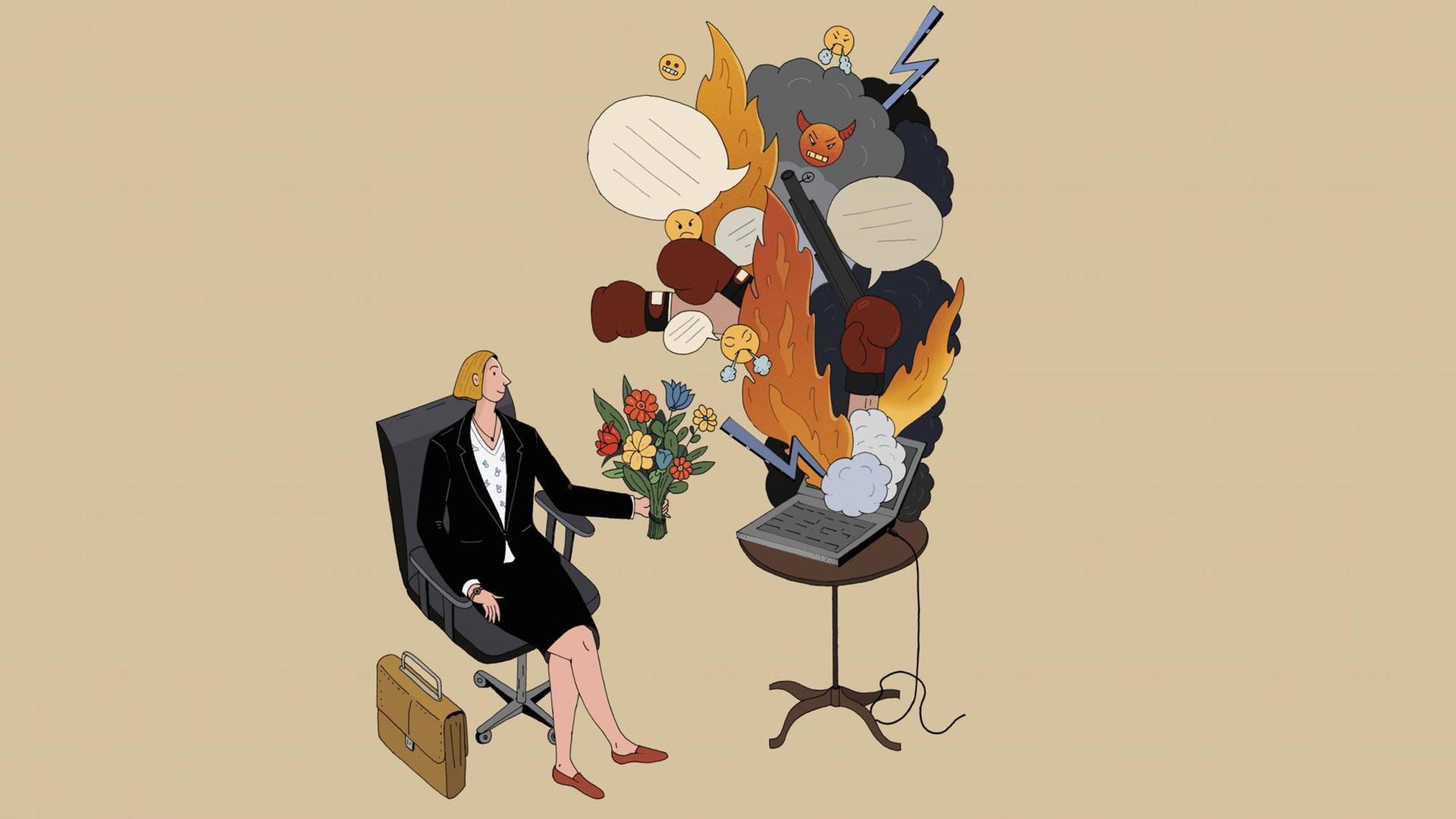 In einer Illustration offeriert eine Frau in Businesskostüm ihrem Bildschirm, der vor Wut explodiert, einen Blumenstrauß. In einer Illustration offeriert eine Frau in Businesskostüm ihrem Bildschirm, der vor Wut explodiert, einen Blumenstrauß.