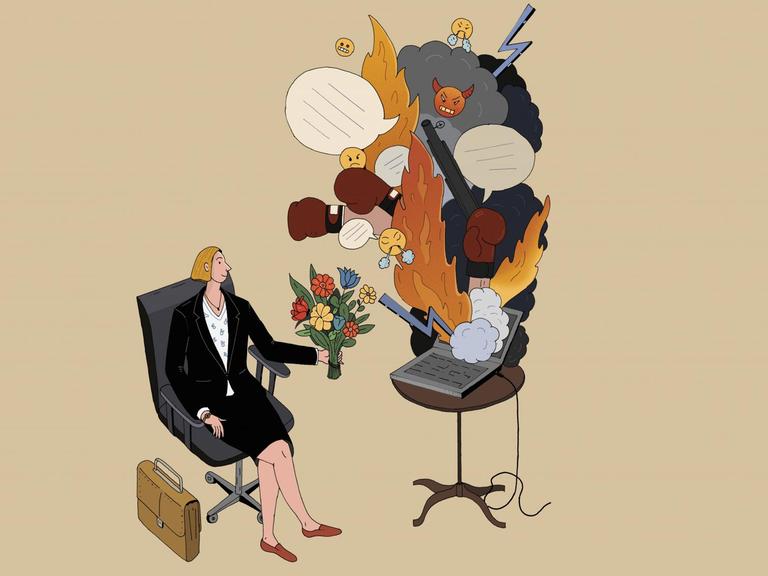 In einer Illustration offeriert eine Frau in Businesskostüm ihrem Bildschirm, der vor Wut explodiert, einen Blumenstrauß.