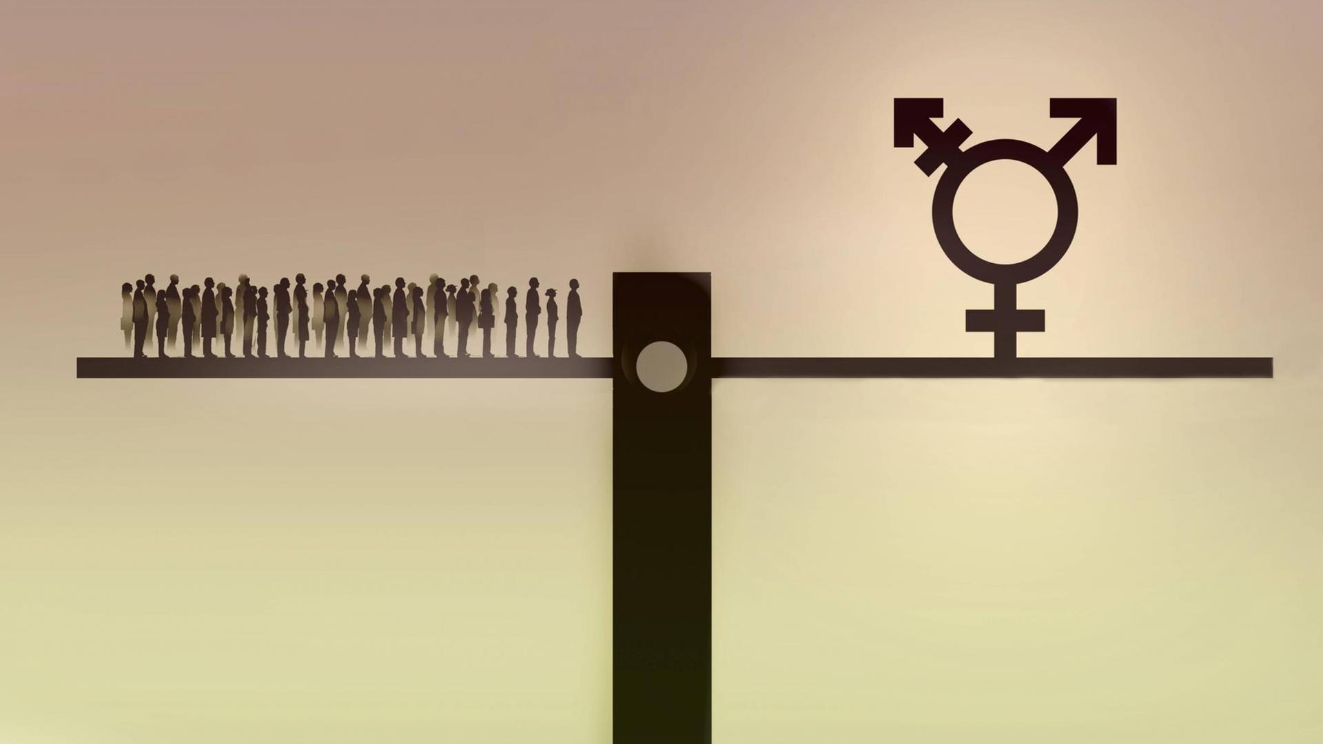 Illustration einer Wippe: Auf der einen Seite eine Menschenmenge, auf der anderen das aus den verschiedenen Geschlechtssymbolen zusammengesetzte Transgender-Symbol.