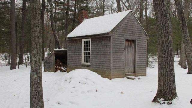 "Walden oder Leben in den Wäldern" ist ein berühmtes Buch von Henry D. Thoreau aus dem 19. Jahrhundert. Auf dem Bild sieht man einen Nachbau der Hütte, in der er am Walden Pont lebte.