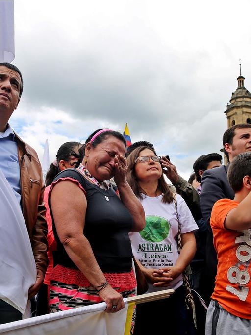 Zahlreiche Menschen sind zur Unterzeichnung des neuen Friedensabkommens zwischen der kolumbianischen Regierung und der FARC-Guerilla am 24.11.2016 in Bogota gekommen. Sie tragen Fahnen, manche weinen.