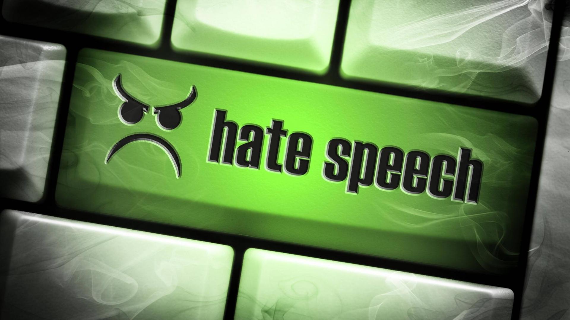 Computertaste mit der Aufschrift Hate speech, Hassreden in sozialen Netzwerken. Computertaste mit der Aufschrift Hate speech, Hassreden in sozialen Netzwerken.