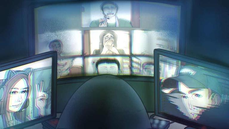 Illustration: Mensch vor Bildschirmwand. Auf den Screens sind Menschen zu sehen. Illustration: Mensch vor Bildschirmwand. Auf den Screens sind Menschen zu sehen.