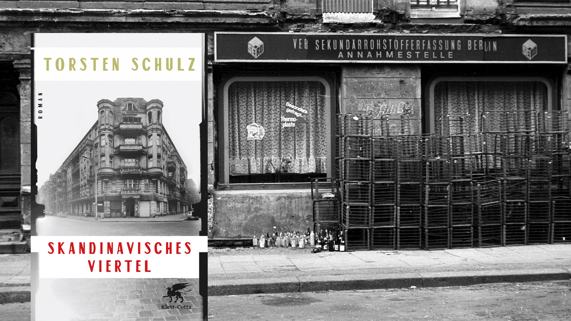 Schwarzweißaufnahme aus den 80ern aus dem Berliner Prenzlauer Berg. Zu sehen ist ein altes Geschäft, auf dem Gehsteig steht Leergut. Davor das Cover zu Torsten Schulz' Roman "Skandinavisches Viertel". Schwarzweißaufnahme aus den 80ern aus dem Berliner Prenzlauer Berg. Zu sehen ist ein altes Geschäft, auf dem Gehsteig steht Leergut. Davor das Cover zu Torsten Schulz' Roman "Skandinavisches Viertel".