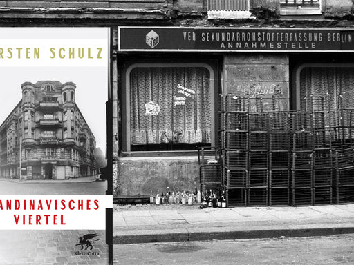 Schwarzweißaufnahme aus den 80ern aus dem Berliner Prenzlauer Berg. Zu sehen ist ein altes Geschäft, auf dem Gehsteig steht Leergut. Davor das Cover zu Torsten Schulz' Roman "Skandinavisches Viertel".