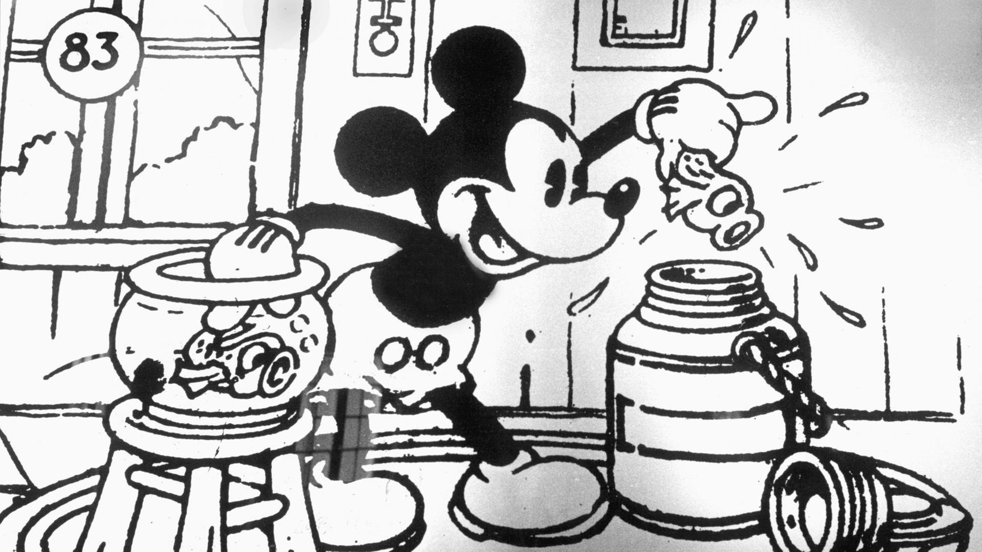 Szene aus einem schwarz-weiß Comic von 1930 mit der Mickey Mouse-Figur von Walt Disney, die in jenem Jahr erstmals als Comic Strip auf den Markt kam. Szene aus einem schwarz-weiß Comic von 1930 mit der Mickey Mouse-Figur von Walt Disney, die in jenem Jahr erstmals als Comic Strip auf den Markt kam.