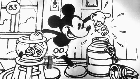 Szene aus einem schwarz-weiß Comic von 1930 mit der Mickey Mouse-Figur von Walt Disney, die in jenem Jahr erstmals als Comic Strip auf den Markt kam.