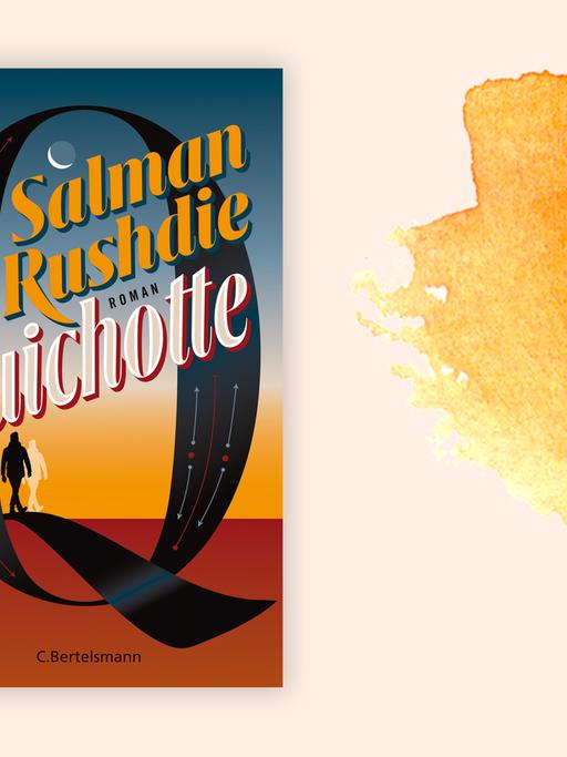 Buchcover von Salman Rushdies neuem Roman "Quichotte" vor orangem Hintergrund