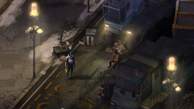 Eine Szene aus dem Computerspiel "Disco Elysium" zeigt den Protagonisten inmitten einer dunklen Straße