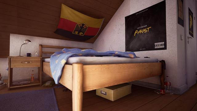 Auf dem Bild sieht man ein Bett. Darüber eine auf den Kopf gedrehte Deutschlandfahne