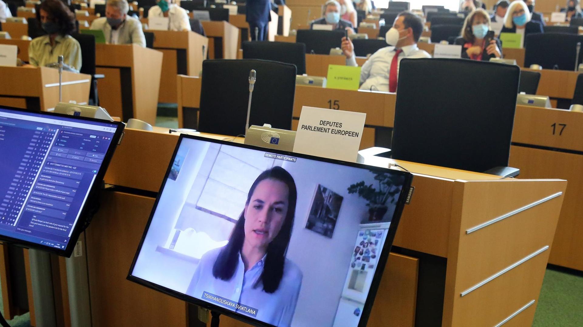 Swetlana Tichanowskaja, belarussischen Oppositionspolitikerin, spricht am 25.08.2020 zum Auswärtigen Ausschuß im Europäischen Parlament Swetlana Tichanowskaja, belarussischen Oppositionspolitikerin, spricht am 25.08.2020 zum Auswärtigen Ausschuß im Europäischen Parlament