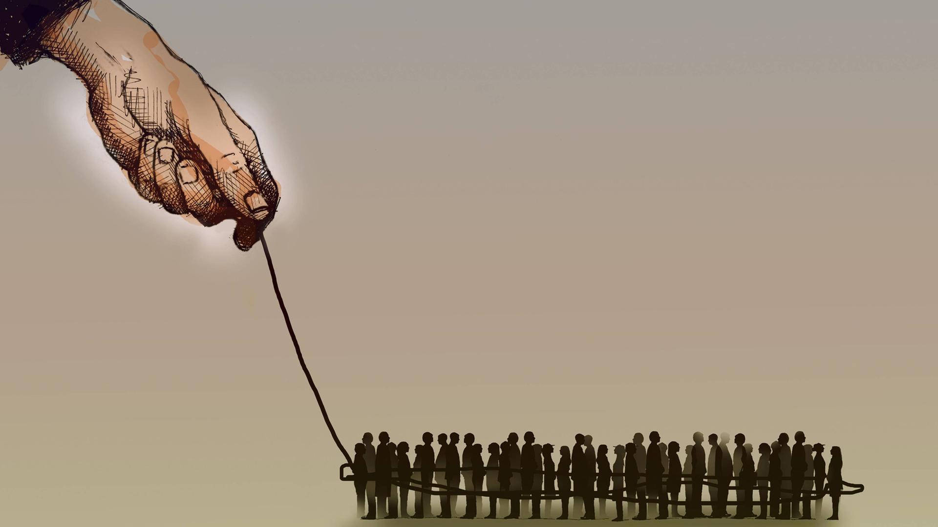 Große Hand hält ein Seil, das um eine Gruppe kleiner Menschen gebunden ist. Große Hand hält ein Seil, das um eine Gruppe kleiner Menschen gebunden ist.