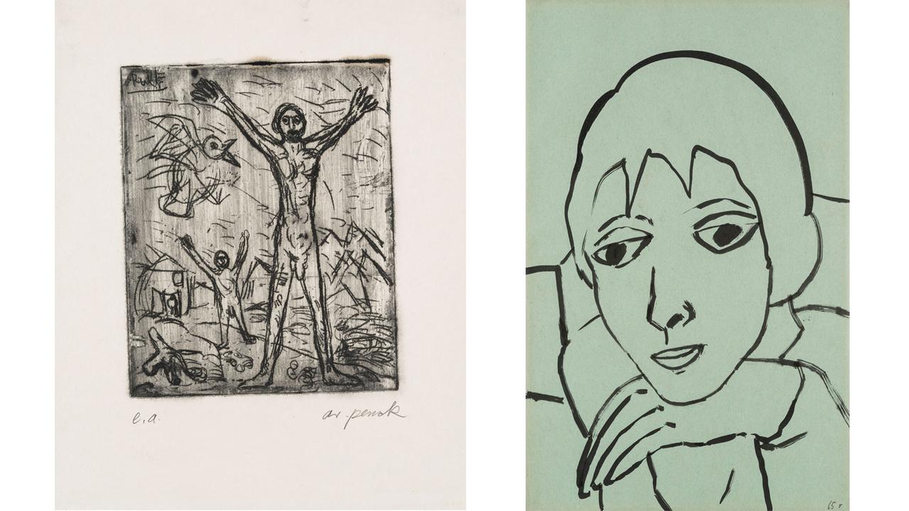 A.R. Pencks Radierung "Fliegen wie ein Vogel" von 1970 und seine Tuschzeichnung "Weiblicher Bildniskopf" von 1972 A.R. Pencks Radierung "Fliegen wie ein Vogel" von 1970 und seine Tuschzeichnung "Weiblicher Bildniskopf" von 1972