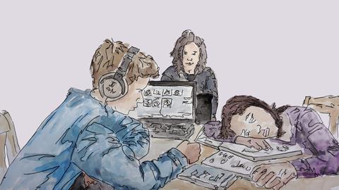 Zeichnung zu Folge 5: Drei Jugendliche sitzen in einem Klassenraum. Einer hat einen Kopfhörer auf, ein Mädchen liegt mit dem Kopf auf dem Schreibtisch, eine dritte Person schaut gelangweilt vor sich hin.