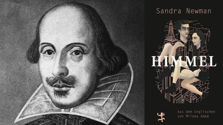 Buchcover Sandra Newman und ein Portrait von William Shakespeare Buchcover Sandra Newman und ein Portrait von William Shakespeare