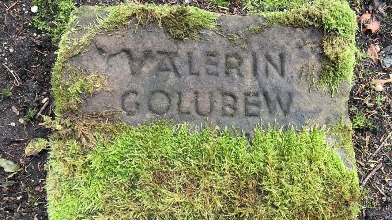 Grabstein von Valerin Golubew auf dem Ohlsdorfer Friedhof, Hamburg. Der untere Teil des Grabsteins ist mit Moos zugewachsen. Grabstein von Valerin Golubew auf dem Ohlsdorfer Friedhof, Hamburg. Der untere Teil des Grabsteins ist mit Moos zugewachsen.