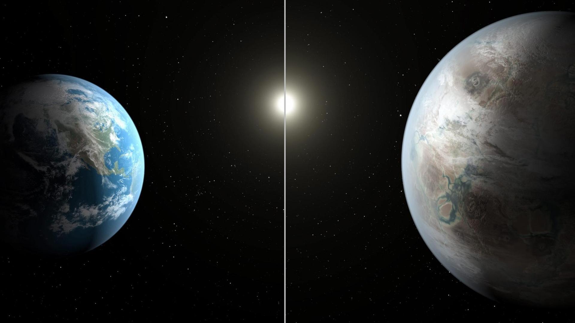 Kepler-452b (rechts) in einem grafischen Vergleich der NASA mit der Erde Kepler-452b (rechts) in einem grafischen Vergleich der NASA mit der Erde
