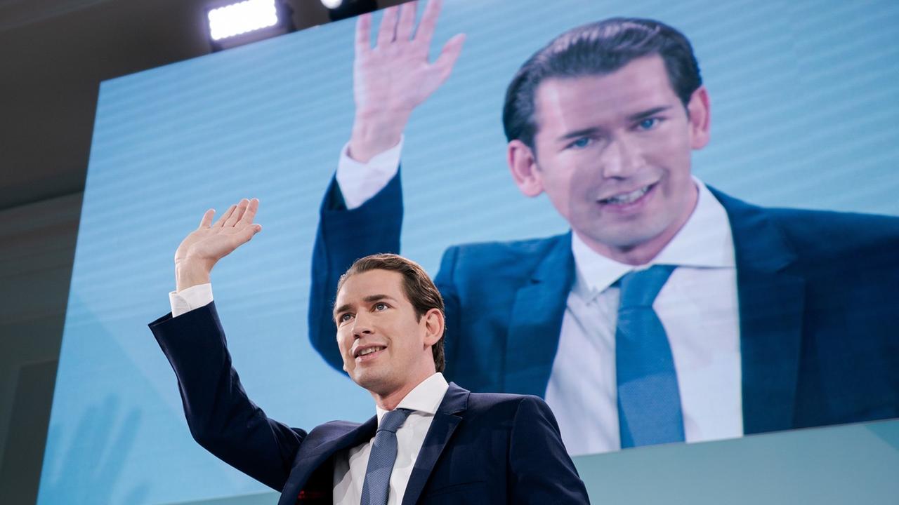Sebastian Kurz, Spitzenkandidat der ÖVP, in schwarzem Jackett mit blauer Krawatte, hebt die rechte Hand in Siegerpose, während seiner Rede nach ersten Hochrechnungen zur Nationalratswahl in Österreich am 29. September 2019, die seine Partei als stärkste Kraft bestätigen. Auf einer Videoleinwand in seinem Rücken ist er in derselben Pose vergrößert zu sehen. Sebastian Kurz, Spitzenkandidat der ÖVP, in schwarzem Jackett mit blauer Krawatte, hebt die rechte Hand in Siegerpose, während seiner Rede nach ersten Hochrechnungen zur Nationalratswahl in Österreich am 29. September 2019, die seine Partei als stärkste Kraft bestätigen. Auf einer Videoleinwand in seinem Rücken ist er in derselben Pose vergrößert zu sehen.