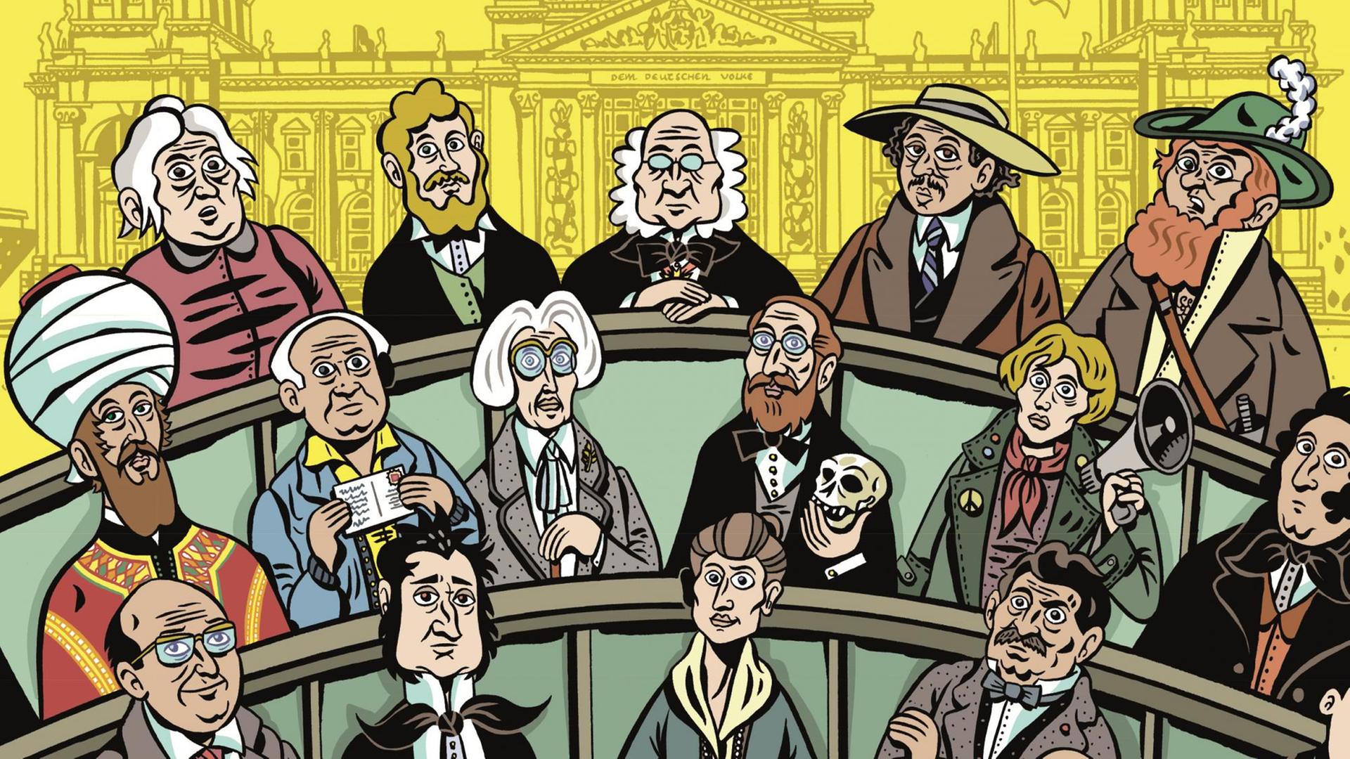 Comiczeichnungen von verschiedenen PolitikerInnen die auf Bänken sitzen. Comiczeichnungen von verschiedenen PolitikerInnen die auf Bänken sitzen.