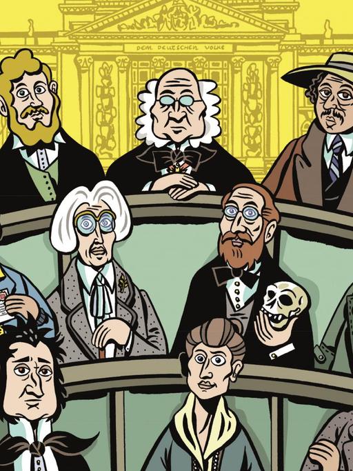 Comiczeichnungen von verschiedenen PolitikerInnen die auf Bänken sitzen.