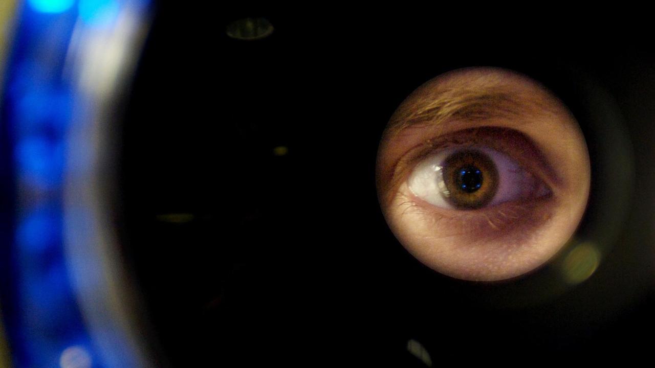 Die Augenpartie eines Mannes wird mit einem Biometrie-Gerät erfasst. Die Augenpartie eines Mannes wird mit einem Biometrie-Gerät erfasst.