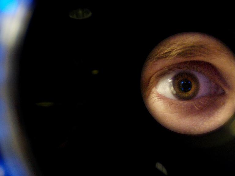Die Augenpartie eines Mannes wird mit einem Biometrie-Gerät erfasst.