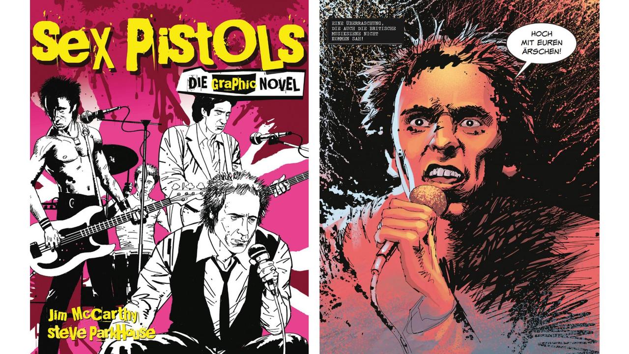 Auf dem Cover der Graphic Novel ist eine Zeichnung der Band Sex Pistols zu sehen, rechts daneben ein Bild aus dem Buch, das Sänger Johnny Rotten zeigt, der in eine Mikrofon schreit. Auf dem Cover der Graphic Novel ist eine Zeichnung der Band Sex Pistols zu sehen, rechts daneben ein Bild aus dem Buch, das Sänger Johnny Rotten zeigt, der in eine Mikrofon schreit.