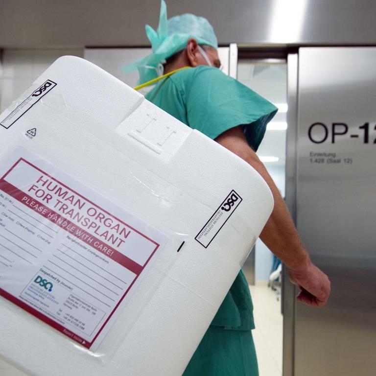 Ein Styropor-Behälter zum Transport von zur Transplantation vorgesehenen Organen wird am Eingang eines OP-Saales vorbei getragen. 